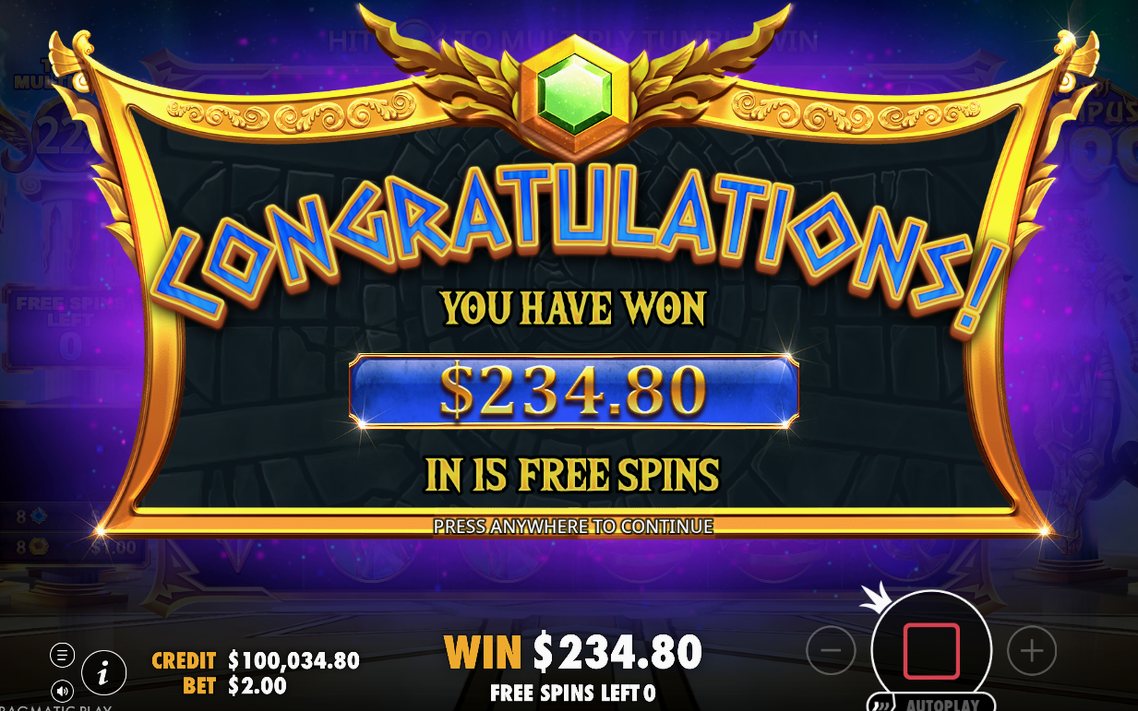 Win screen after tumbles with the Multiplier applied