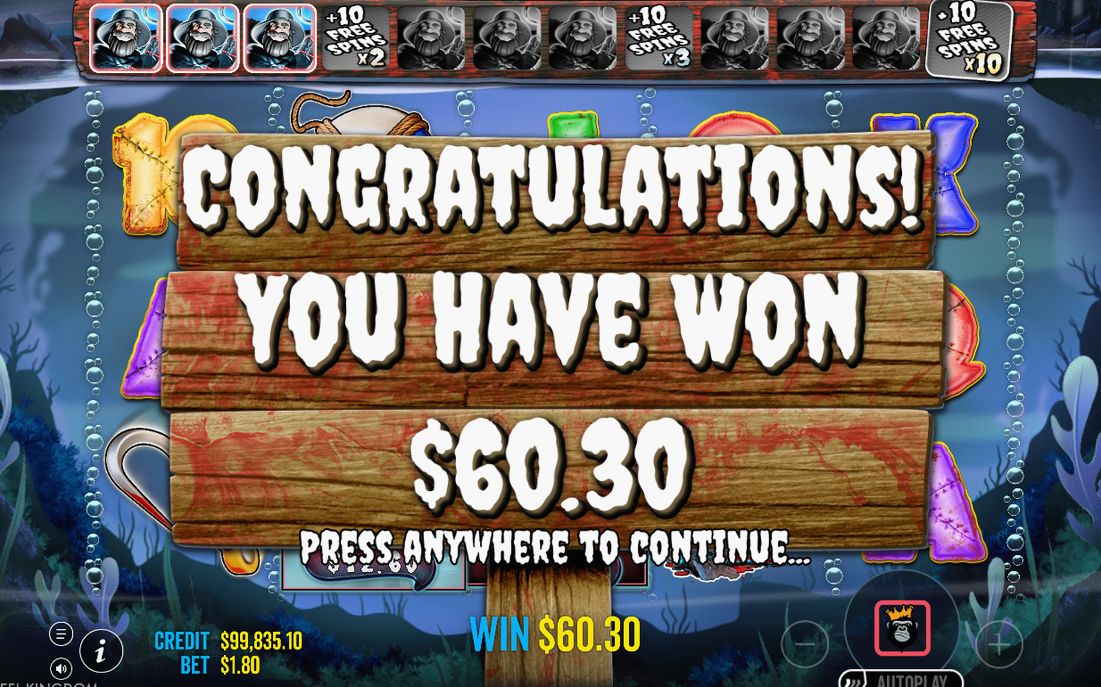 Win screen with the total paid for the round